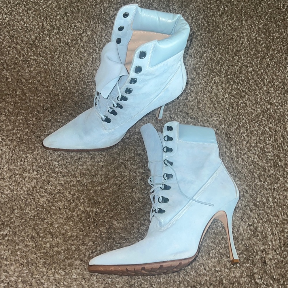 Manolo blahnik light blue sued lace up heels
